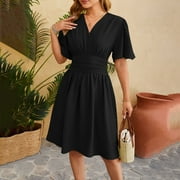 Dasayo Black Summer Dresses for Women Wear-to-Work Short Sleeve Faux-Wrap Dress V Neck Solid Knee Length Dresses XXL