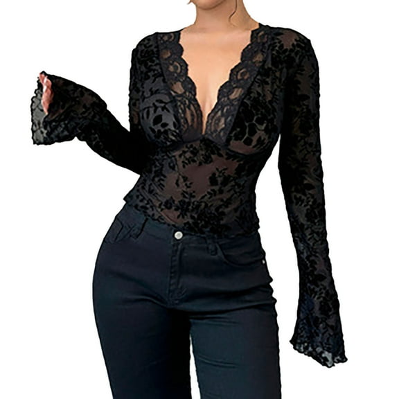 Dasayo Black Tops for Women Low Cut Flared Sleeve V-Neck Lace Tops Ruffle See Through Crop Shirts Womens T Shirt XXL