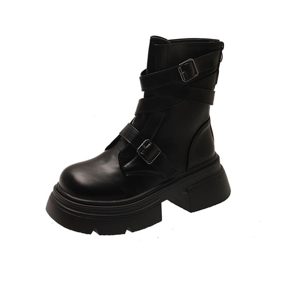 Dasayo Black Woman Boots Ankle Motorcycle Chunky Buckles Round Toe Faux Leather Shoes Shoes for Women 36