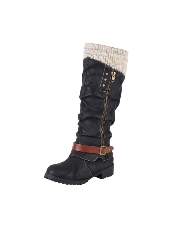 Black Woman Boots Mid-Calf Western Slouch Side Zip Knitted Buckle Faux Leather Boots Woman Shoes 42