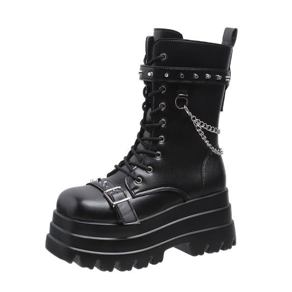 Dasayo Black Womans Boots Chunky Motorcycle Ankle Buckle Faux Leather Lace up Side Zip Boots Shoes Women 35