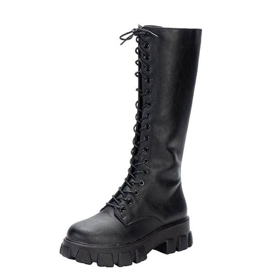 Dasayo Black Womans Boots Mid-Calf Motorcycle Chunky Faux Leather Lace up High Top Boots Women Shoes 35