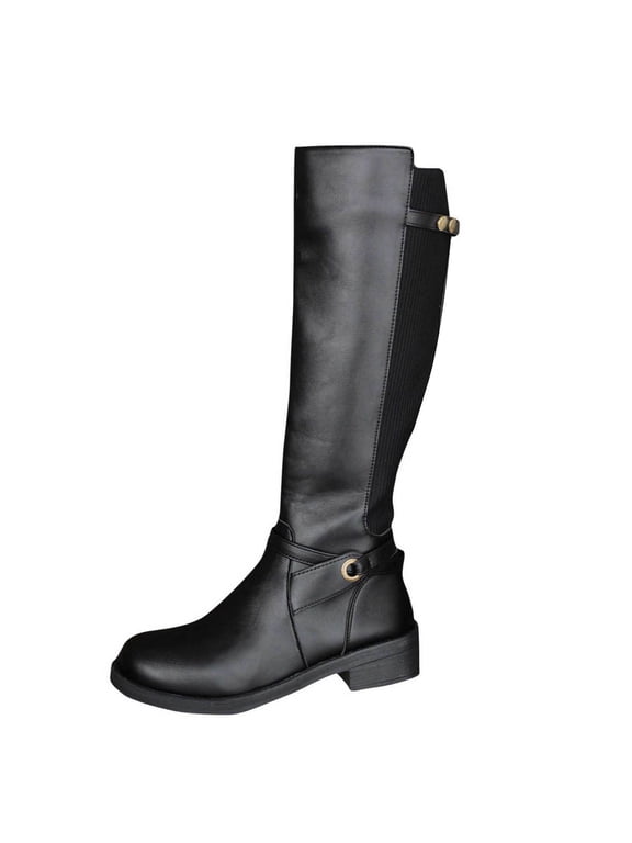 Black Womans Boots Winter Mid-Calf Faux Leather Buckle Classic Low Heel Side Zipper Boots Shoes for Women 40