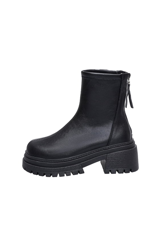 Black Women Booties Ankle Low Heel Chunky Comfy Round Toe Casual Faux Leather Boots Women's Shoes 36
