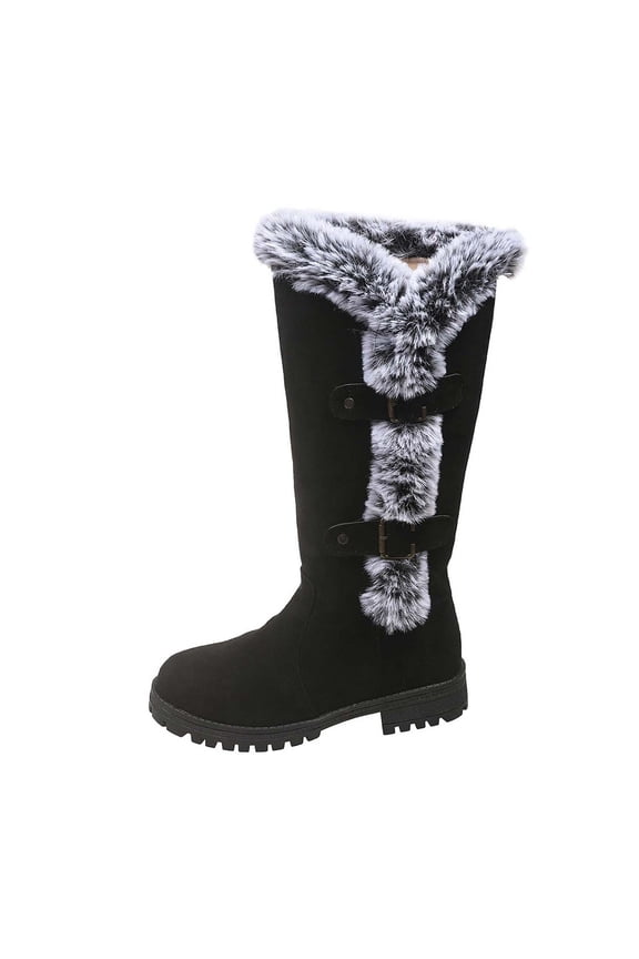 Black Women Booties Western Mid-Calf Furry Low Heel Buckles Snow Round Toe Boots Shoes Women 36
