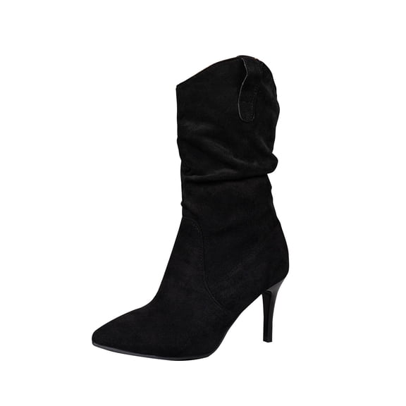Dasayo Black Women Booties Wide Calf Mid-Calf Slouch High Heel Pointed Toe Dressy Boots Shoes for Women 40