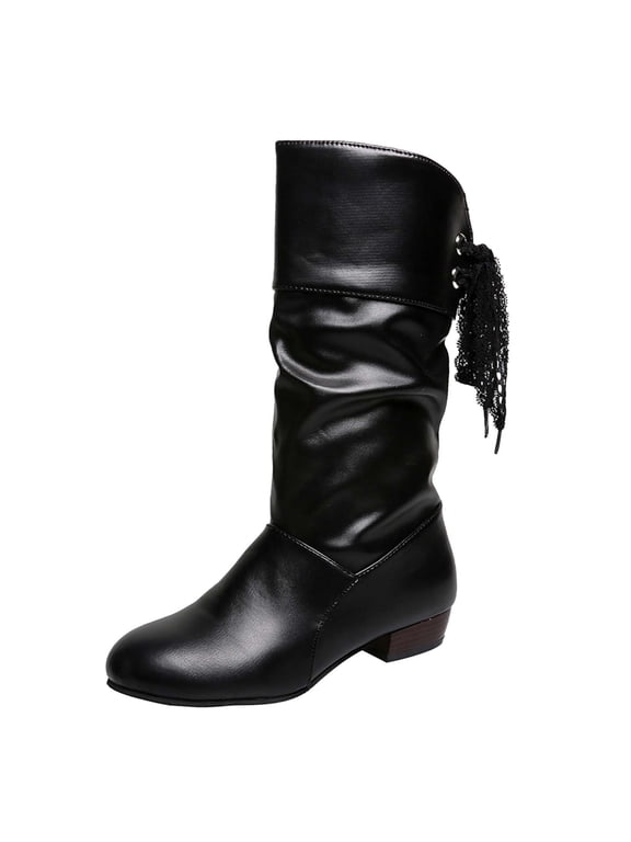 Black Women Boots Footwear Mid-Calf Slouch Wide Width Lace up Rubber Low Heel Pointed Toe Boots Womans Shoes 35