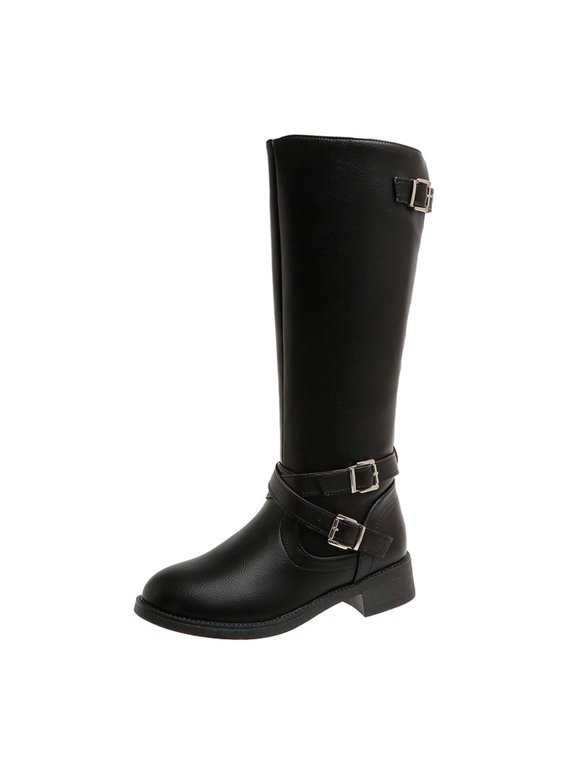 Black Women Boots Low Heel Mid-Calf Wide Width Faux Leather Round Toe Pull on Buckles Boots Shoes Women 36