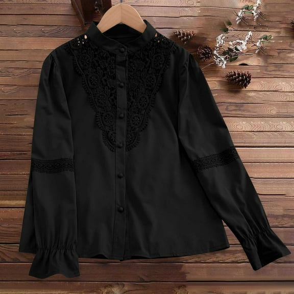 Dasayo Black Women Tops Lace Elegant Long Sleeve Ruffle Solid Button-Up Shirts Womens T Shirts XXL