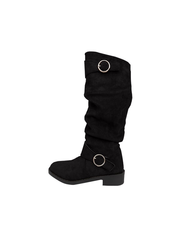 Black Women's Boots Mid-Calf Slouch Western Wide Calf Buckles Round Toe Boots Womens Shoes 41