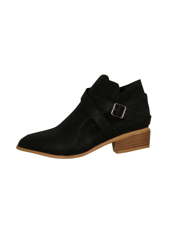 Black Womens Booties Chelsea Western Ankle Faux Leather Side Zip Buckle Pointed Toe Booties Womens Shoes 36