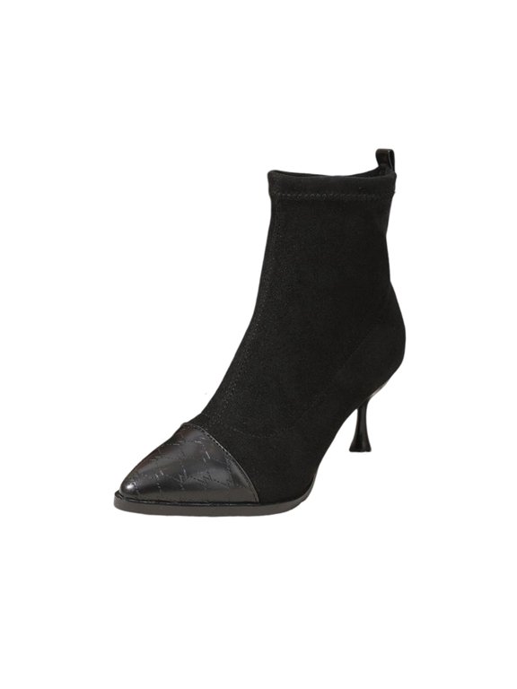 Black Womens Booties Dress Pointed Toe Ankle Low Heel Patchwork Work Boots Women Shoes 36