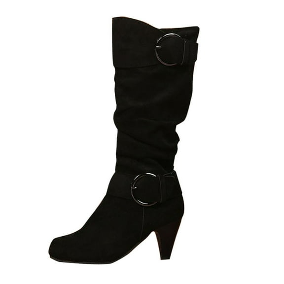 Dasayo Black Womens Booties Slouch Mid-Calf Wide Width Western Buckles Low Heel Boots Shoes Women 36