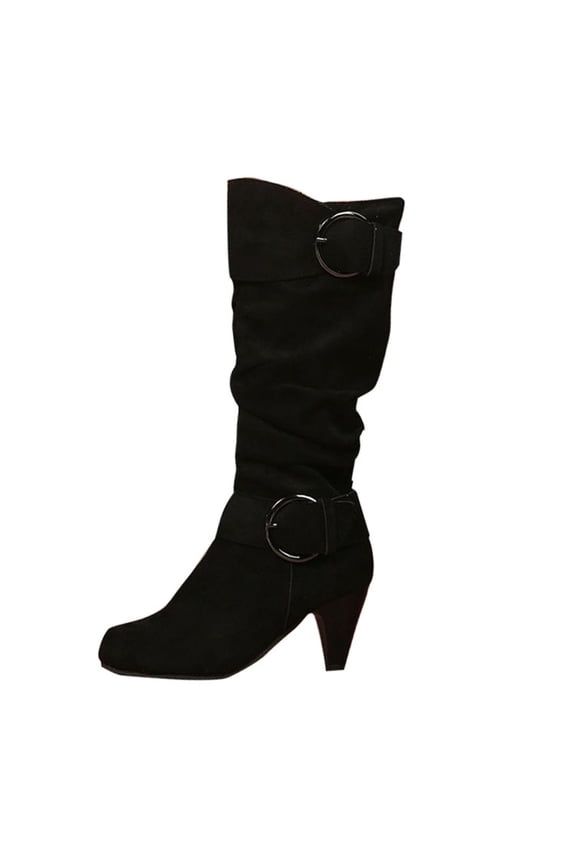 Black Womens Booties Slouch Mid-Calf Wide Width Western Buckles Low Heel Boots Shoes Women 36