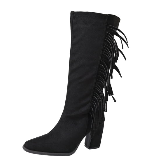 Dasayo Black Womens Boots Wide Calf Mid-Calf Dress Fringe High Heel Western Boots Women's Shoes 36