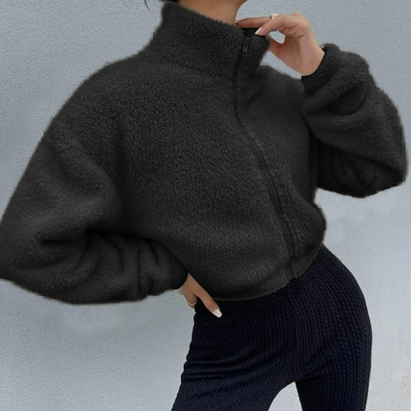 Dasayo Black Womens Tops Plush Long Sleeve Zip up Turtleneck Cropped Solid Sweatshirts Womens Shirts S