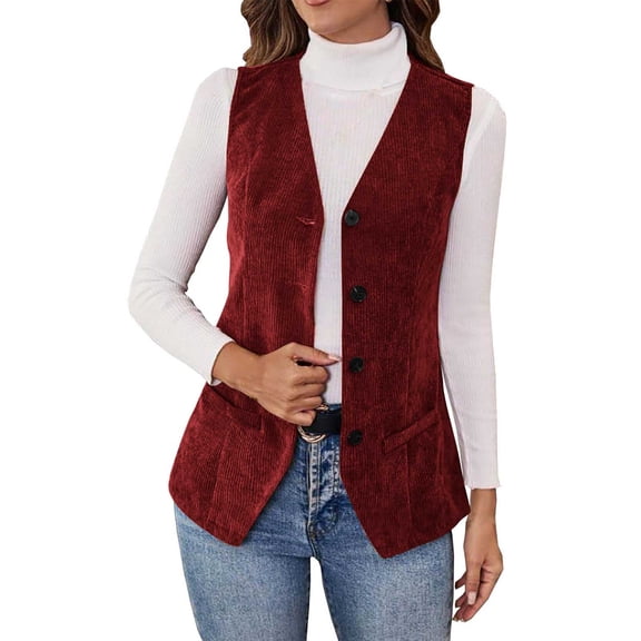 Dasayo Blazer Vest Women Business Work Red Corduroy Open Front Suit Vest Jackets for Women M
