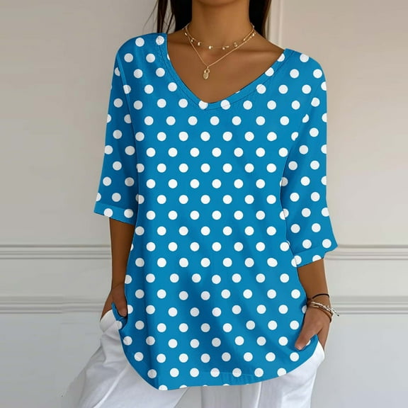 Dasayo Blue Ladies Tops Loose Fit V-Neck 3/4 Sleeve Polka Dot Blouses Womens Sweatshirts S