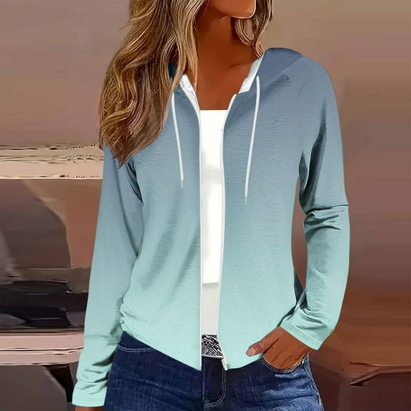 Dasayo Blue Women Hoodies Full Zip up Long Sleeve Hooded Gradient Color Drawstring Jackets Blouses for Women XXL