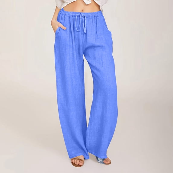 Dasayo Blue Women's Pants Straight-Leg Palazzo Cotton Linen High Rise Slacks Drawstring Flowy Pants Womens Joggers S