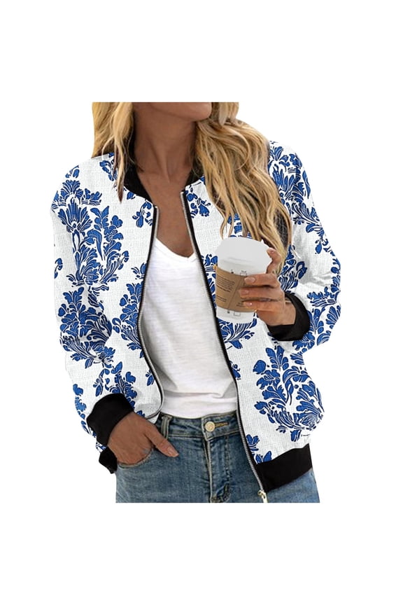 Boho Coats for Women Full-Zip Bomber Blue Jackets Fashion Light Floral Streetwear Jackets for Women Trendy L