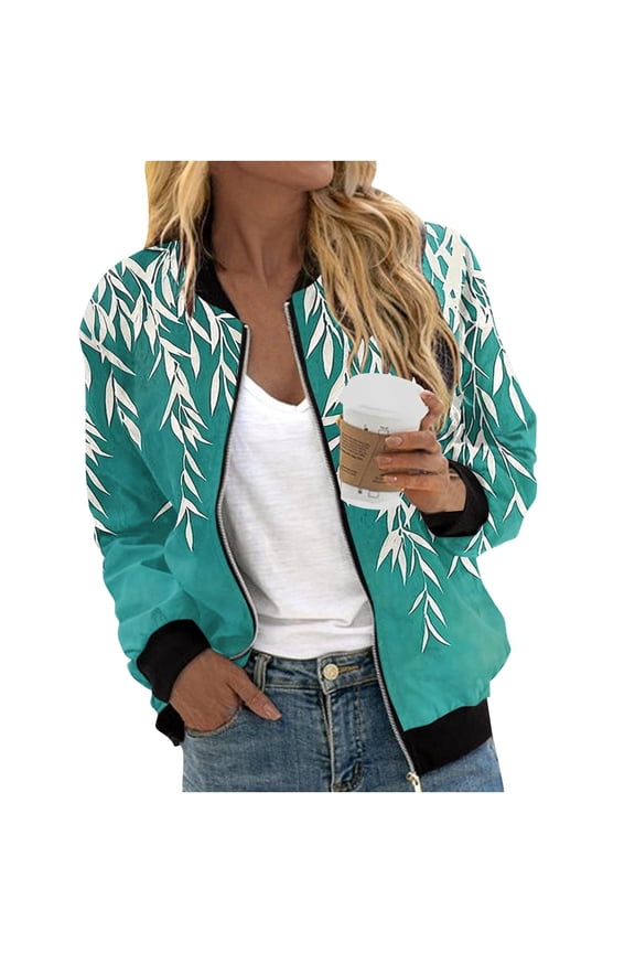 Boho Coats for Women Full-Zip Bomber Sky Blue Jackets Floral Lightweight Fashion Streetwear Womens Jackets L