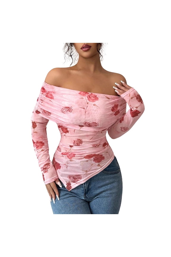 Boho Tops for Women Off Shoulder Pink Long Sleeve Vacation Fitted Irregular Hem Floral Tshirts for Women XL