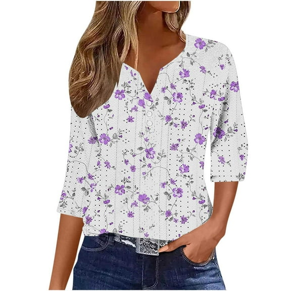 Dasayo Boho Women Tops 3/4 Sleeve V-Neck Tops Cutout Hawaiian Buttons Floral Blouses Women Shirt XL