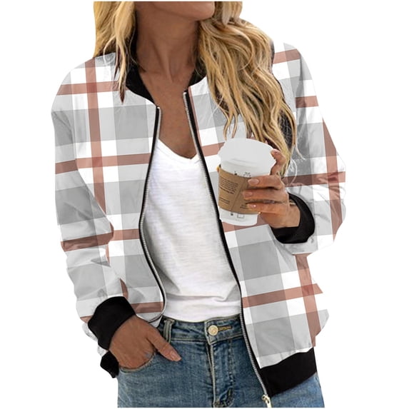 Dasayo Bomber Womens Coats Full-Zip Barn Yellow Jackets Fashion Plaid Long Sleeve Light Streetwear Women Jacket M
