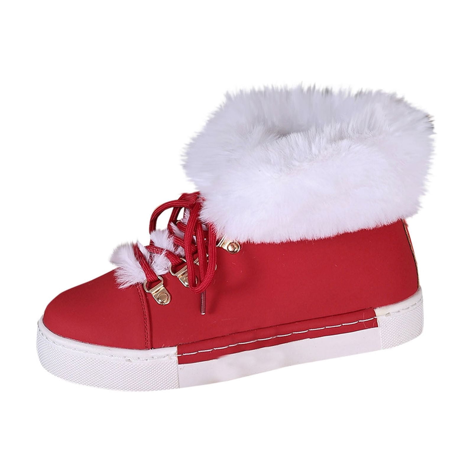 Dasayo Booties for Women Red Hiking Furry Ankle Flat Heel Faux Leather Lace up Winter Shoes Ladies Shoes 40