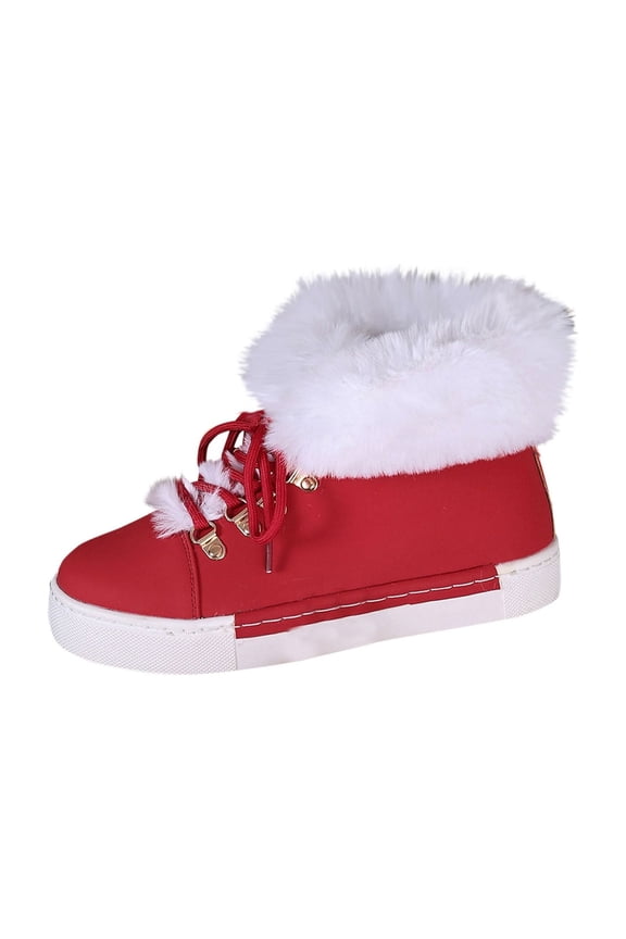 Booties for Women Red Hiking Furry Ankle Flat Heel Faux Leather Lace up Winter Shoes Ladies Shoes 40