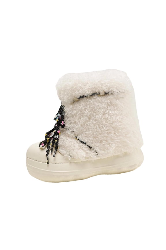 Booties for Women Snow Ankle Furry Beige Slip on Lace up Faux Leather Winter Boots Shoes Women 36