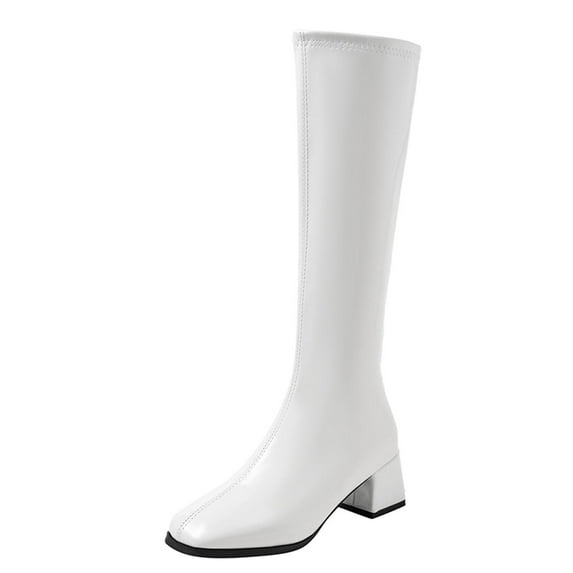 Dasayo Boots Women Mid-Calf Dress White Square Toe Faux Leather Elegant Classic Block Heel Boots Women Shoes 37