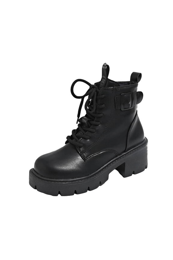 Boots for Women Black Chunky Ankle Motorcycle Round Toe Lace up Kitten Heel Furry Boots Women Shoes 36