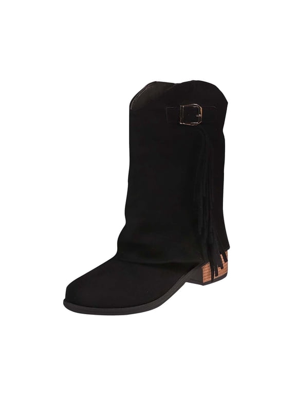 Boots for Women Wide Calf Slouch Mid-Calf Black Cowgirl Fringe Block Heel Buckle Boots Shoes Women 36