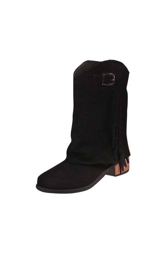 Boots for Women Wide Calf Slouch Mid-Calf Black Cowgirl Fringe Block Heel Buckle Boots Shoes Women 36