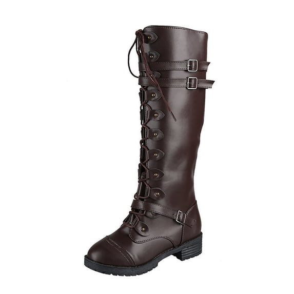 Dasayo Bronze Ladies Boots Western Motorcycle Mid-Calf Lace up Faux Leather Buckles Low Heel Boots Womans Shoes 42