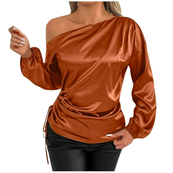 Dasayo Bronze Tops for Women Satin One Shoulder Long Sleeve Shirts Drawstring Fitted Cheeky Outfits Women Sweatshirt L