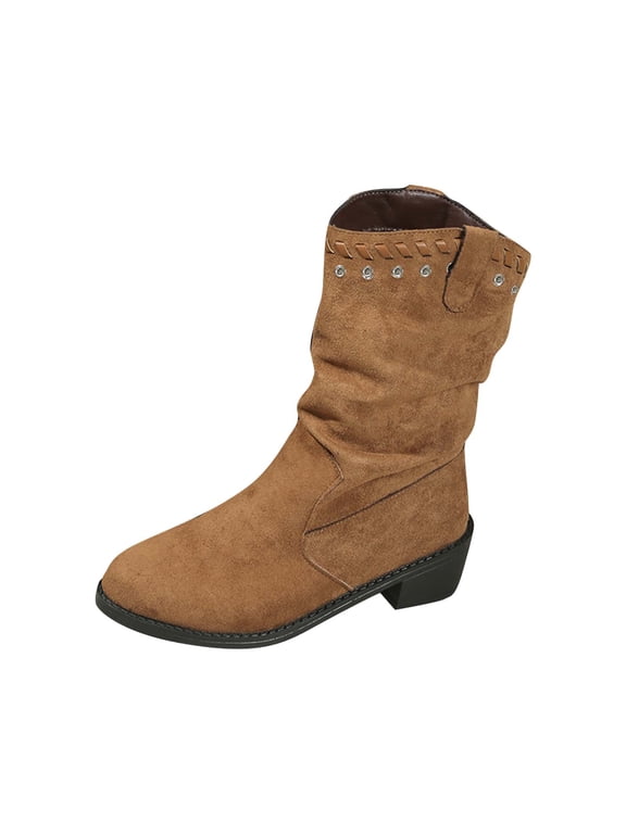 Brown Boots Women Mid-Calf Slouch Wide Width Pull on Comfy Low Heel Western Boots Shoes Women 43