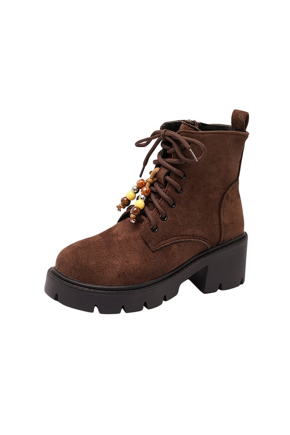 Brown Ladies Boots Ankle Motorcycle Round Toe Low Heel Hiking Lace up Booties Ladies Shoes 40