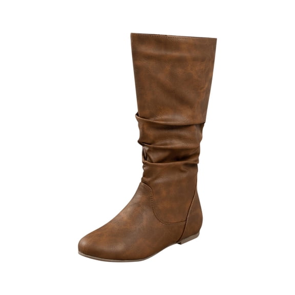 Dasayo Brown Ladies Boots Mid-Calf Slouchy Pointed Toe Faux Leather Side Zip Wide Calf Low Heel Shoes Woman Shoes 42