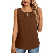 Dasayo Brown Summer Womens Tops Round Neck Tunic Tops Solid Sleeveless Clothes Size XL
