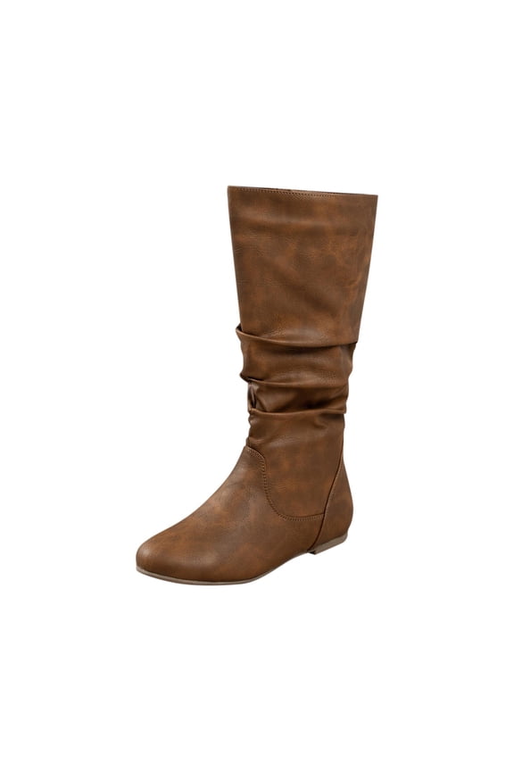 Brown Women's Boots Slouchy Mid-Calf Pointed Toe Faux Leather Wide Calf Side Zip Low Heel Shoes Womans Shoes 40