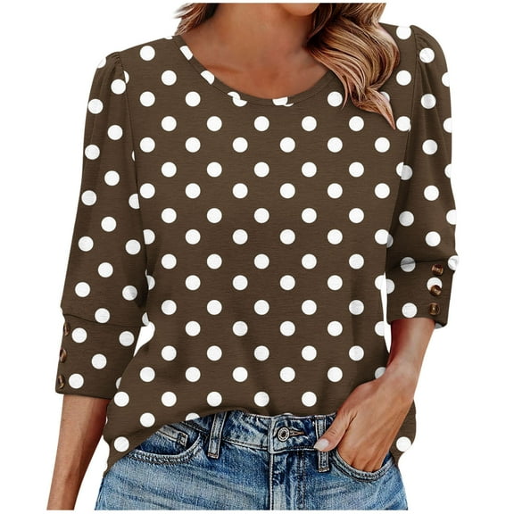 Dasayo Brown Women's Tops Summer 3/4 Sleeve Polka Dot Crewneck Buttons T-Shirt Women's Sweatshirt Tops S