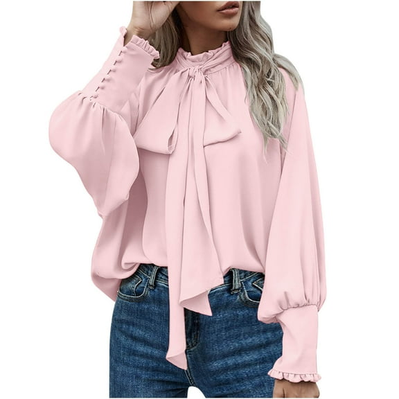 Dasayo Business Casual Tops for Women Pink Elegant Lantern Sleeve Shirts Turtleneck Soft Lace up Tops Women Shirts S