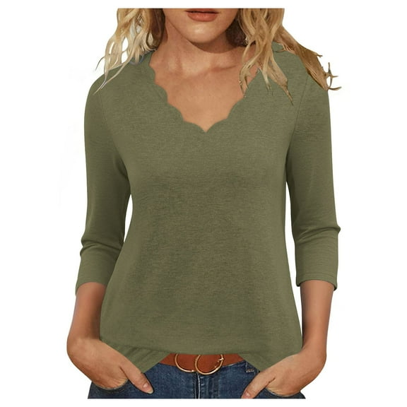 Dasayo Business Casual Women's Tops 3/4 Sleeve Green V-Neck Solid Ruffle T-Shirt Women Blouses and Shirts XXL