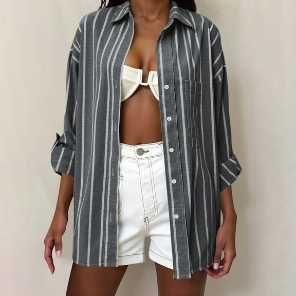Dasayo Business Casual Womens Tops Trendy Gray Long Sleeve Striped Collared Button-Up Shirts Women's Blouses S