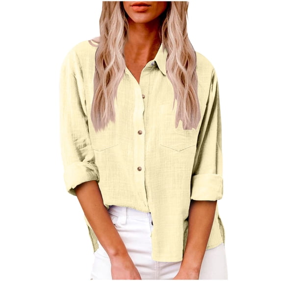Dasayo Button down Ladies Tops Yellow Cotton Linen Long Sleeve Shirts Business Casual Outfits Sweat Shirts for Womens S