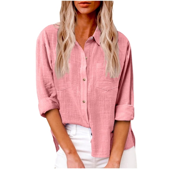 Dasayo Button down Tops for Teachers Cotton Linen Long Sleeve Pink Shirts Business Casual Outfits Shirts for Womens XXL