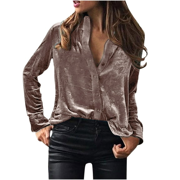 Dasayo Button down Tops for Women Gold Velvet Long Sleeve Shirts Lapel Collar Fashion Business Womens Sweatshirts S